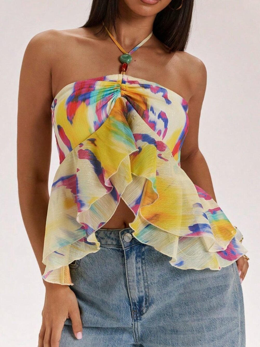 Multicolor Boho Women's Ruffle Collar Backless Beaded Camisole Top